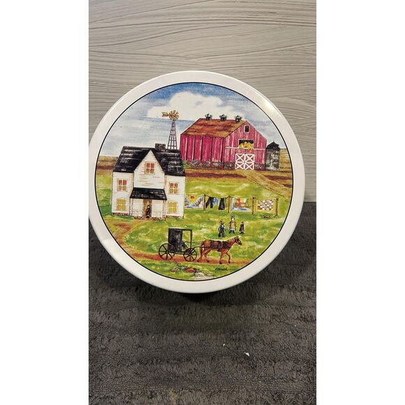 Vintage Figis Metal Tin  Can with Lid Country Farm Red Barn Sold Empty - Picture 2 of 9